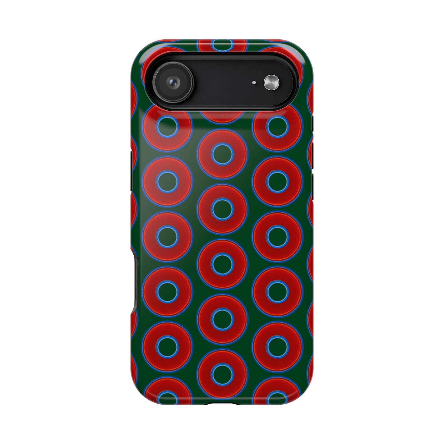 Magnetic Tough Donut Case - red vivid donut print w/deep pond green background