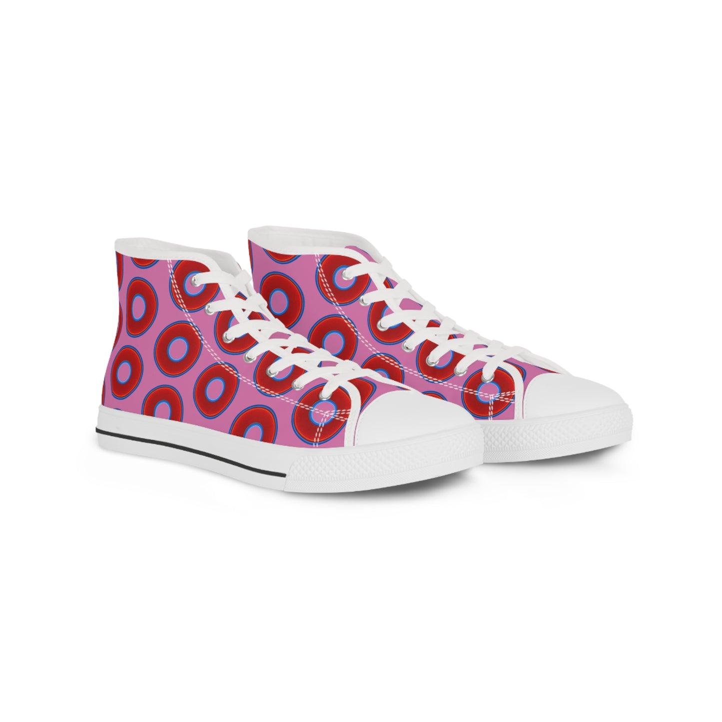 Men's High Top Chucks - large vivid red donut print w/pink background