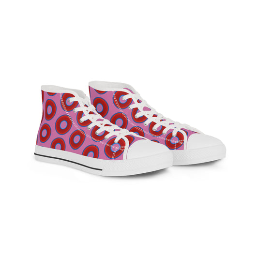 Men's High Top Chucks - large vivid red donut print w/pink background
