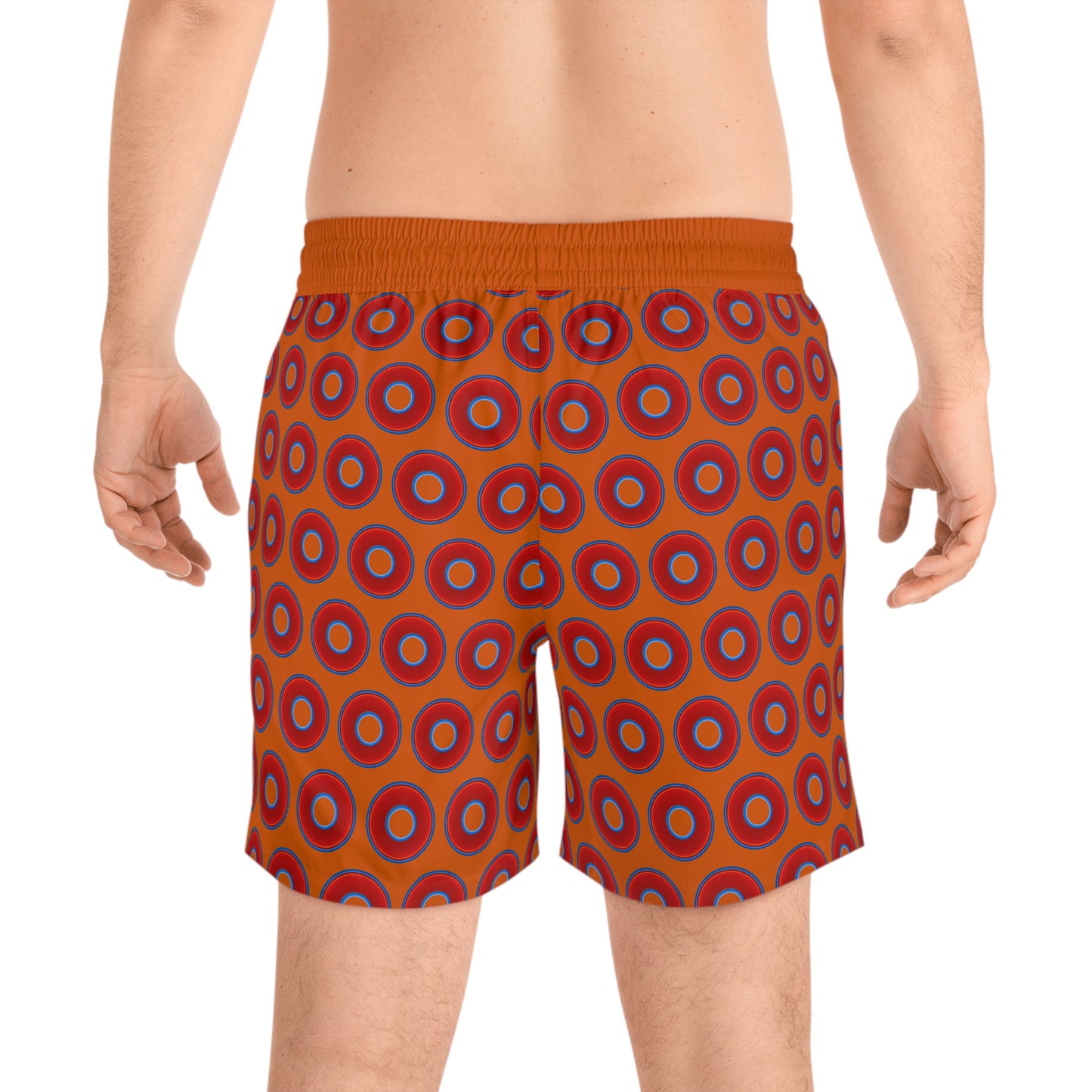 Men's Lumpy Swim Trunks - vivid red donut print w/dark orange background