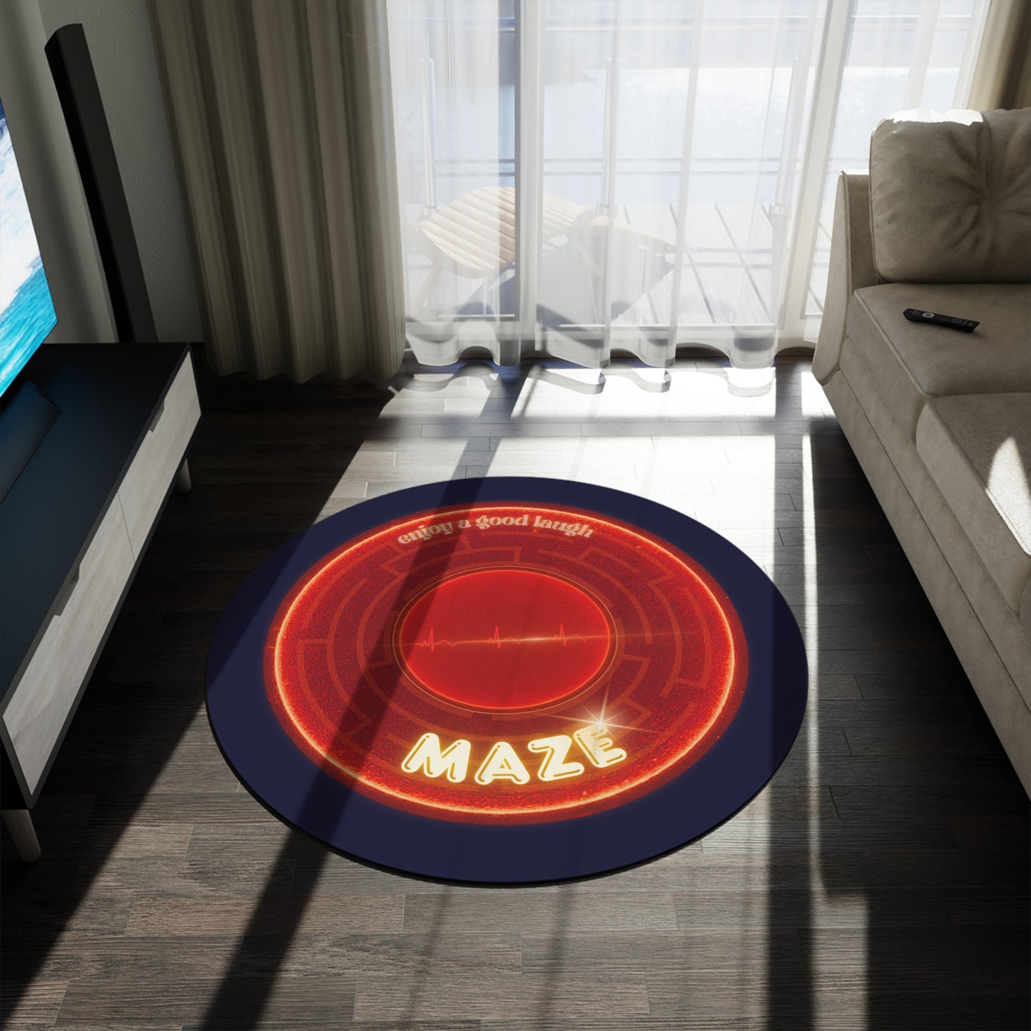 Round Room - 5 ft x 5 ft Lumpy Donut Rug - "The Amazing Donut Rug" - vivid maze donut w/midnight blue background - variant 1