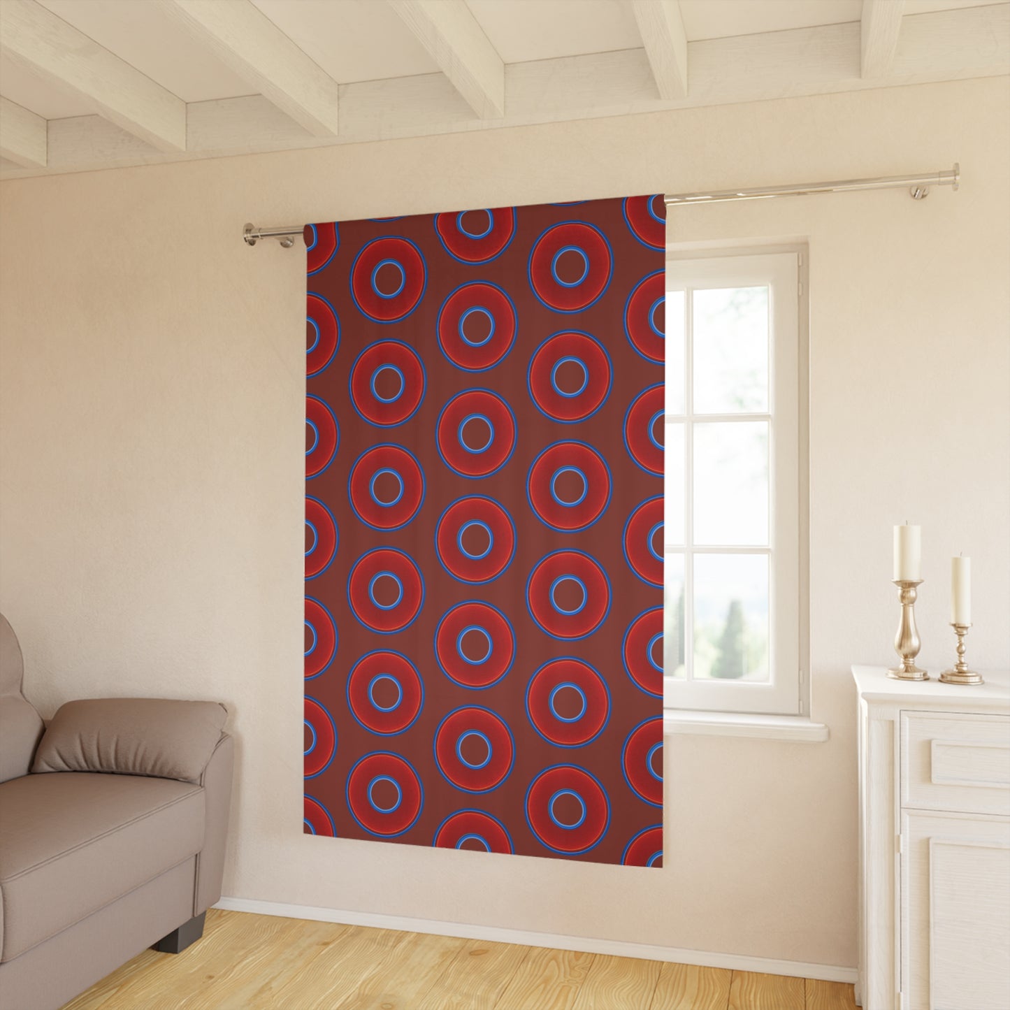Lump's Heady Curtain w/Donuts - vivid red donut print - w/burnt umber background - [*1 Piece / 50" x 84"]