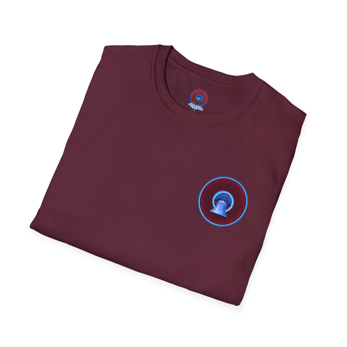 Classic Donut Tee - Unisex Soft-Style - "Brotherly Donuts Jawn" - vivid dark purple-red/light blue donut