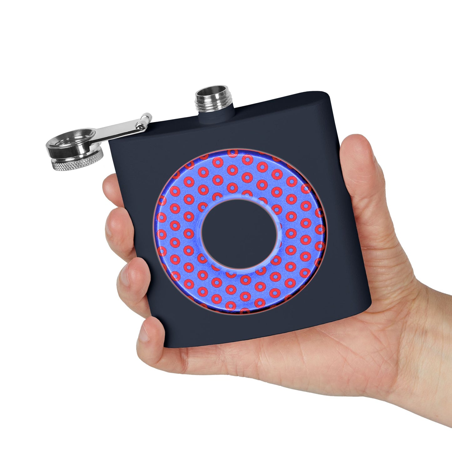 Lump's Donut Flask 6 oz -  Light Blue/Red Electric Paradox Donut - [*w/your choice of 5 backgrounds]