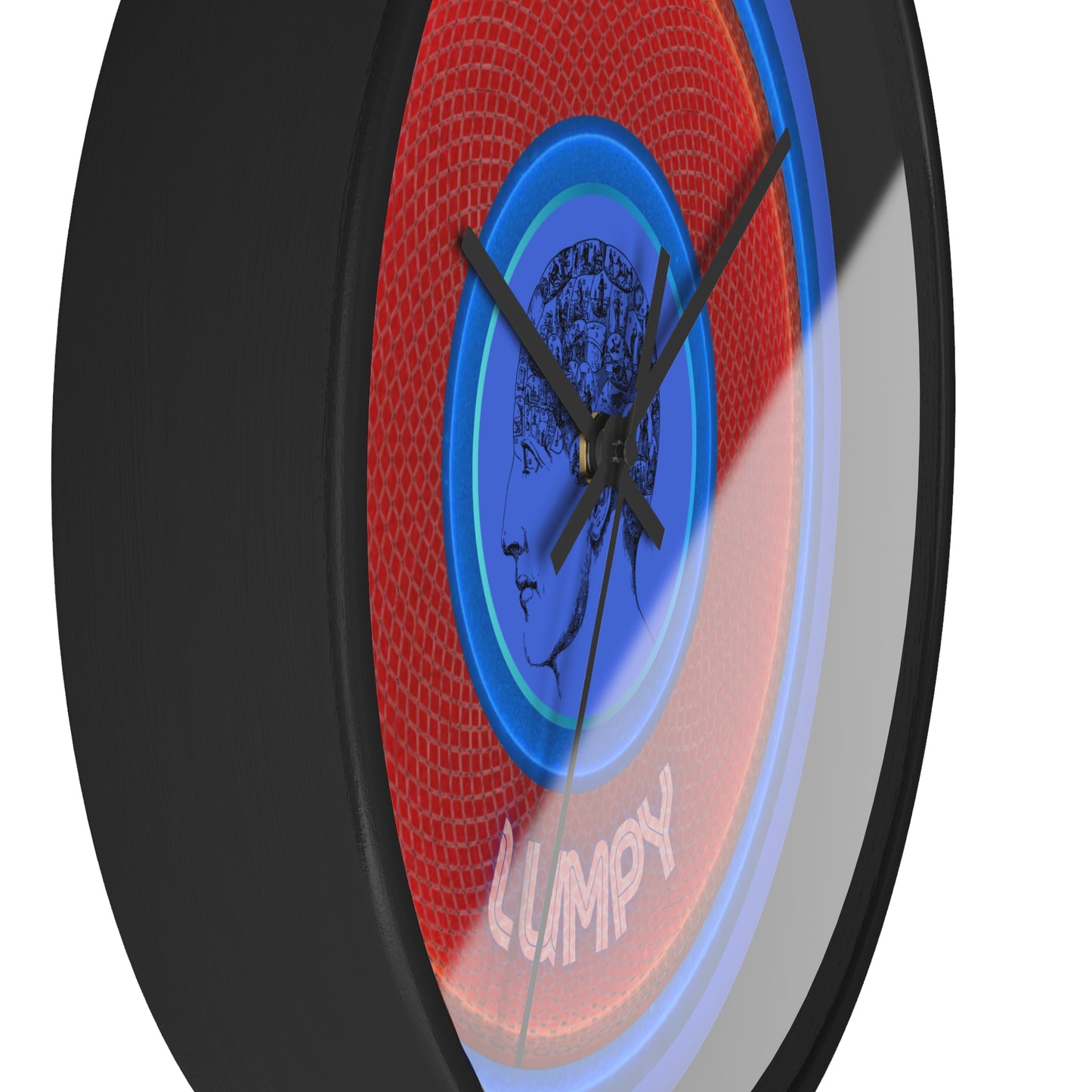 Lumpy Wall Clock - "Carini's Lumpy Donut" - variant 1 - red rustic donut w/royal blue background