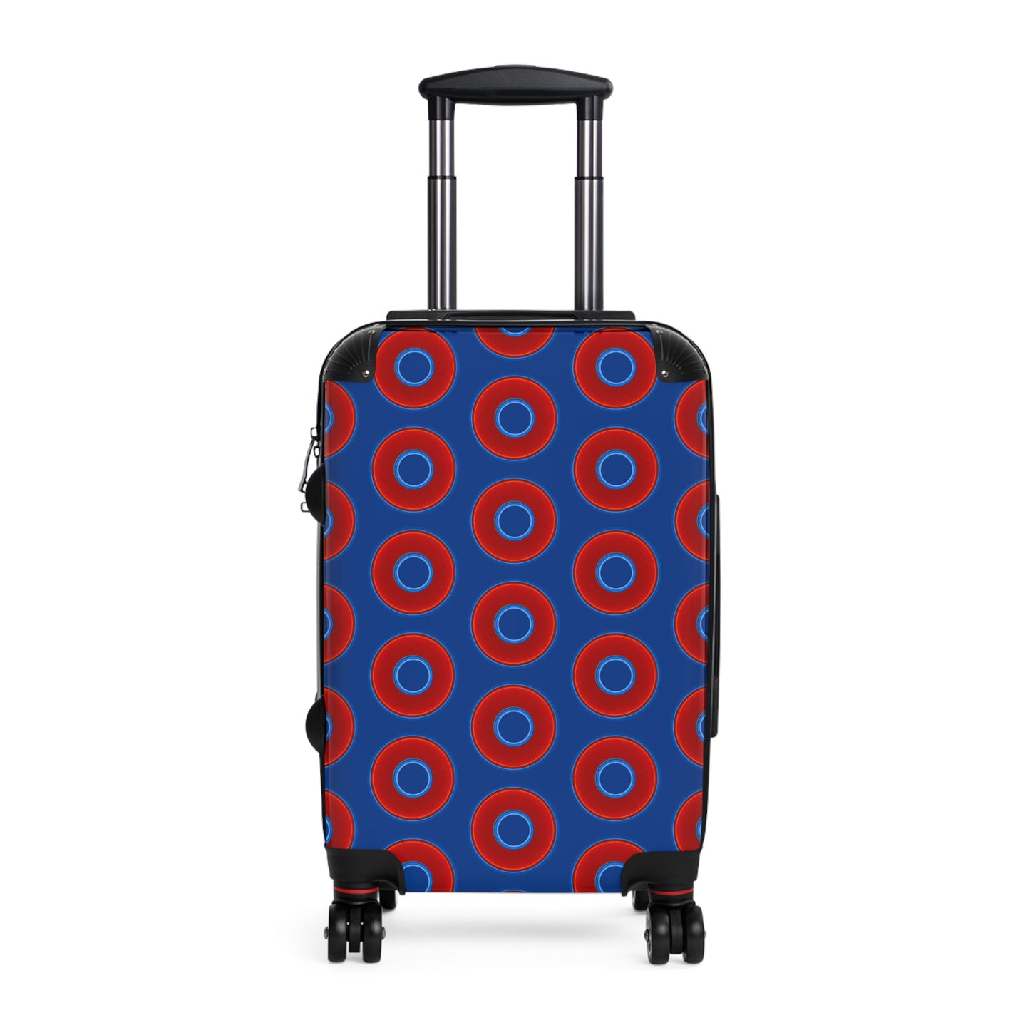 Very Lumpy Donut Suitcase series - your choice of S, M or L - vivid red donut print w/dark blue background