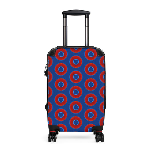 Very Lumpy Donut Suitcase series - your choice of S, M or L - vivid red donut print w/dark blue background
