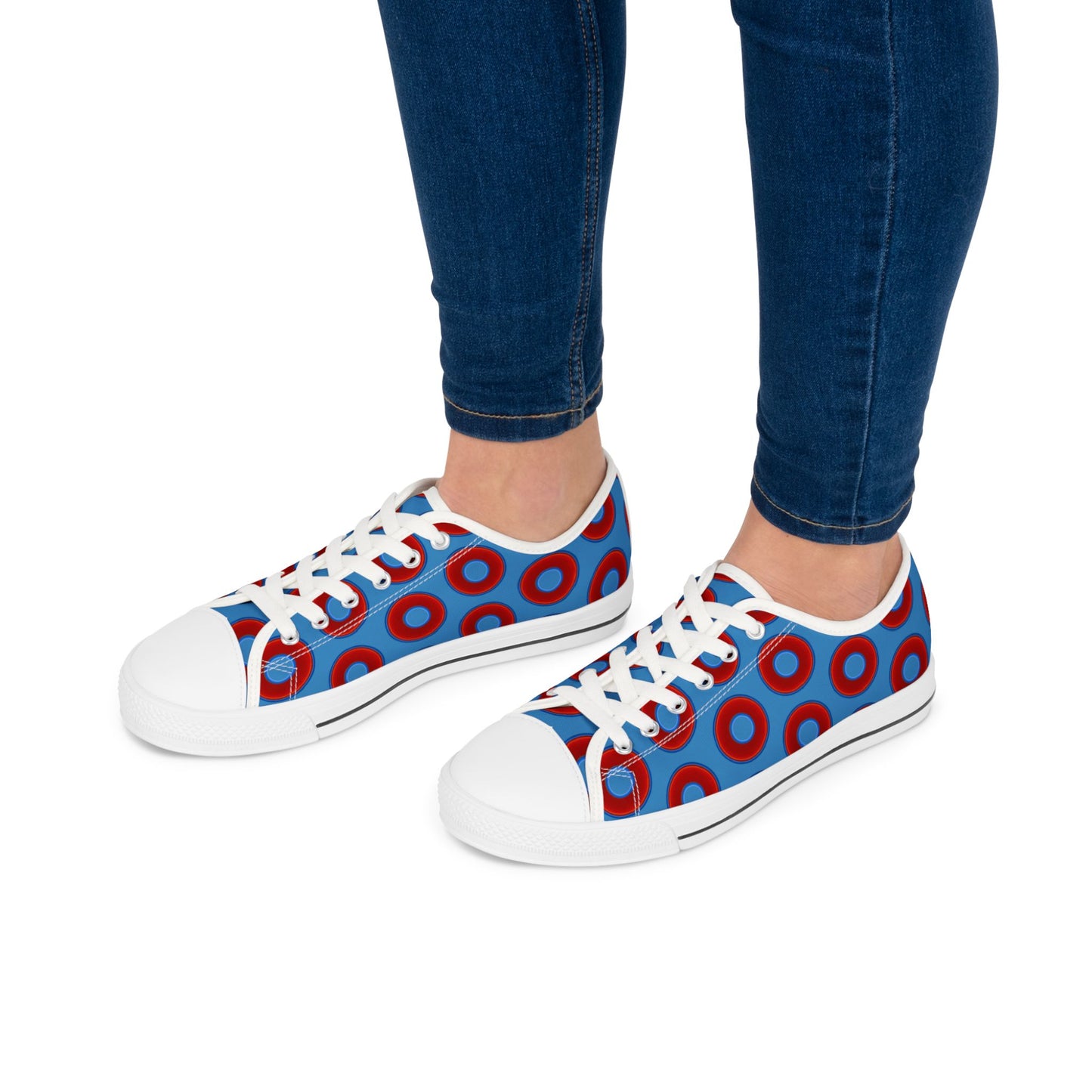Women's - Low Top Chuck Taylors - large vivid red donut print w/light steal blue background