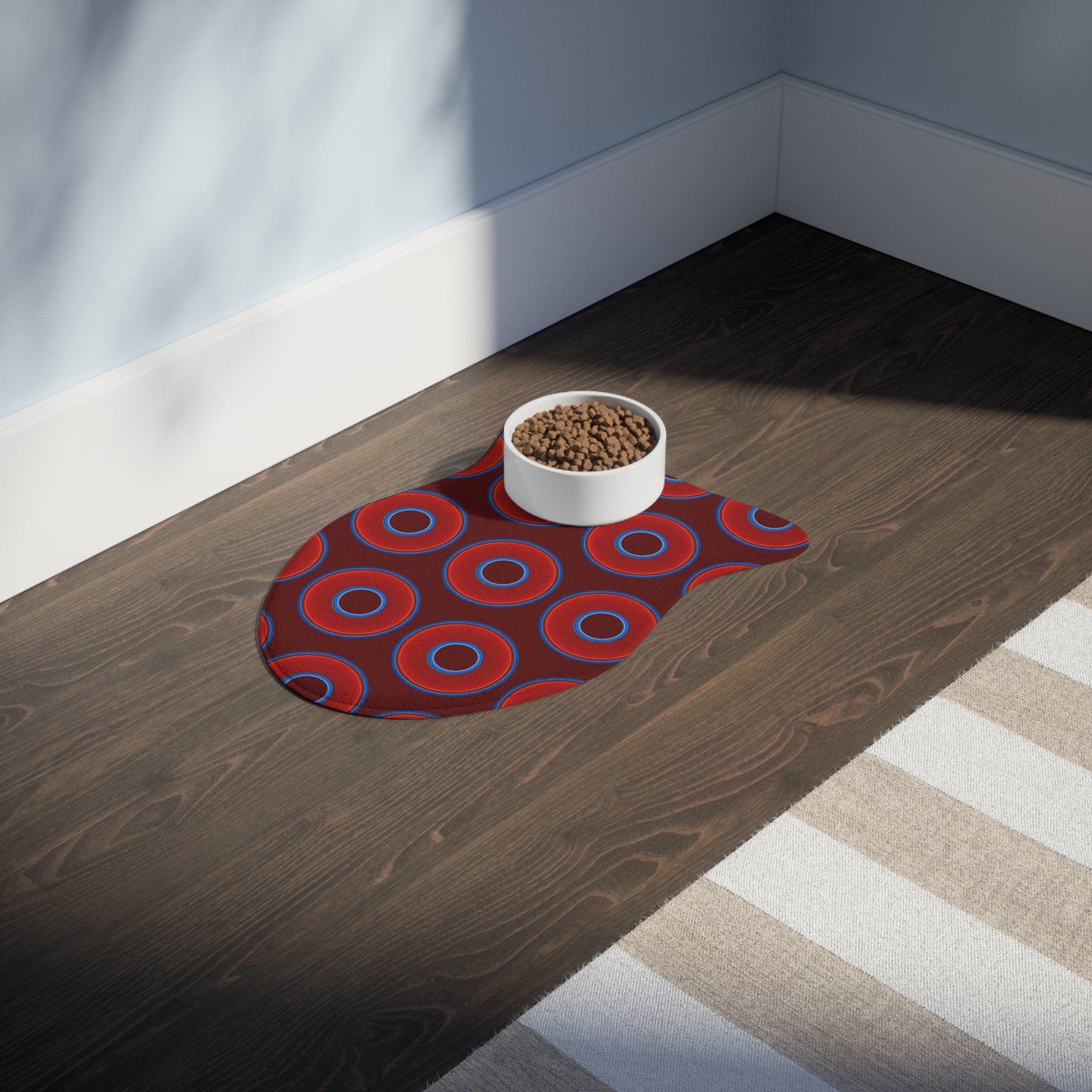 Wendy's Lumpy Pet Feed Mat - vivid red donuts w/dark red background