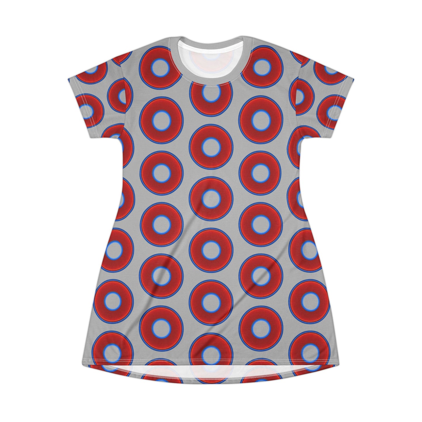 Not a Muumuu AOP Tee Shirt Dress - red vivid donuts w/lark dark gray background