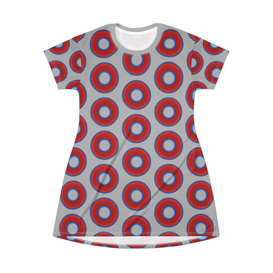 Not a Muumuu AOP Tee Shirt Dress - red vivid donuts w/lark dark gray background