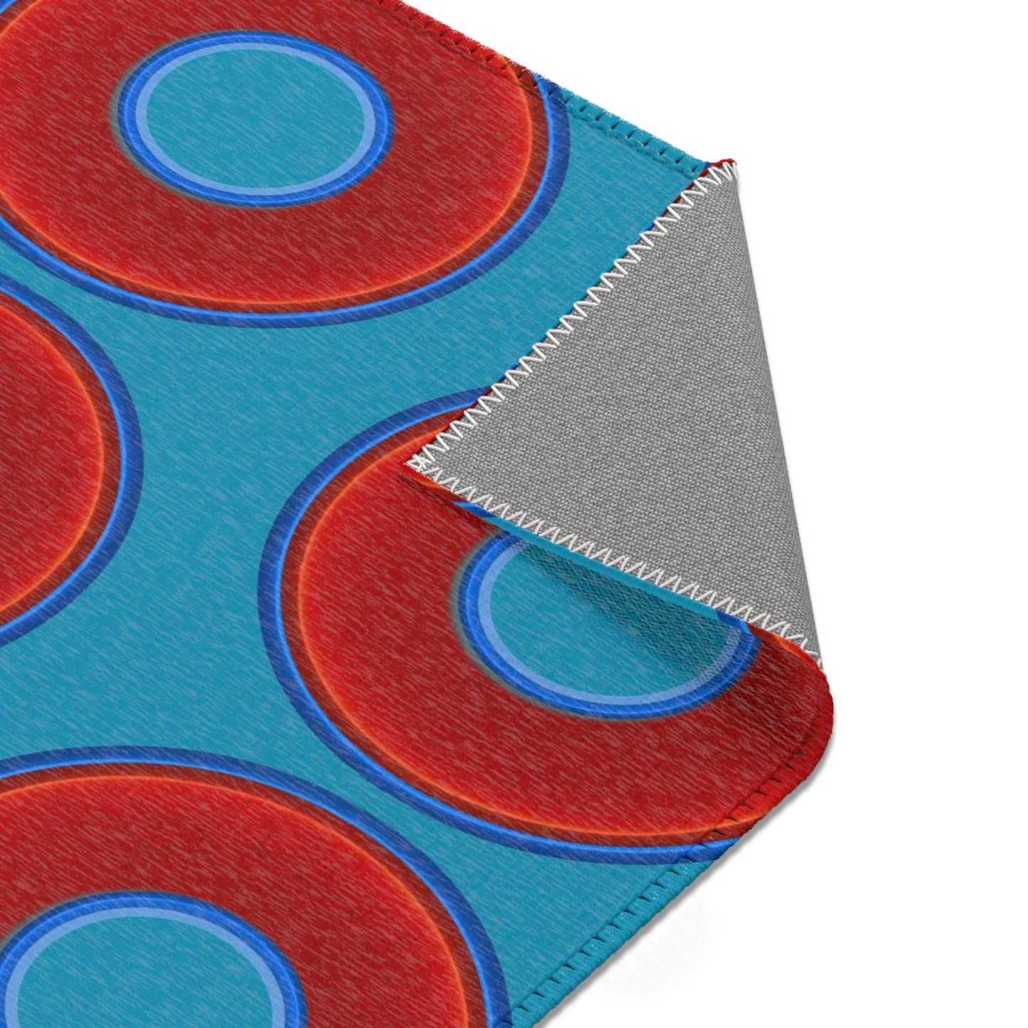 Lumpy Donut Print Rug - choice of 3 sizes - vivid red donut print w/aquamarine blue background