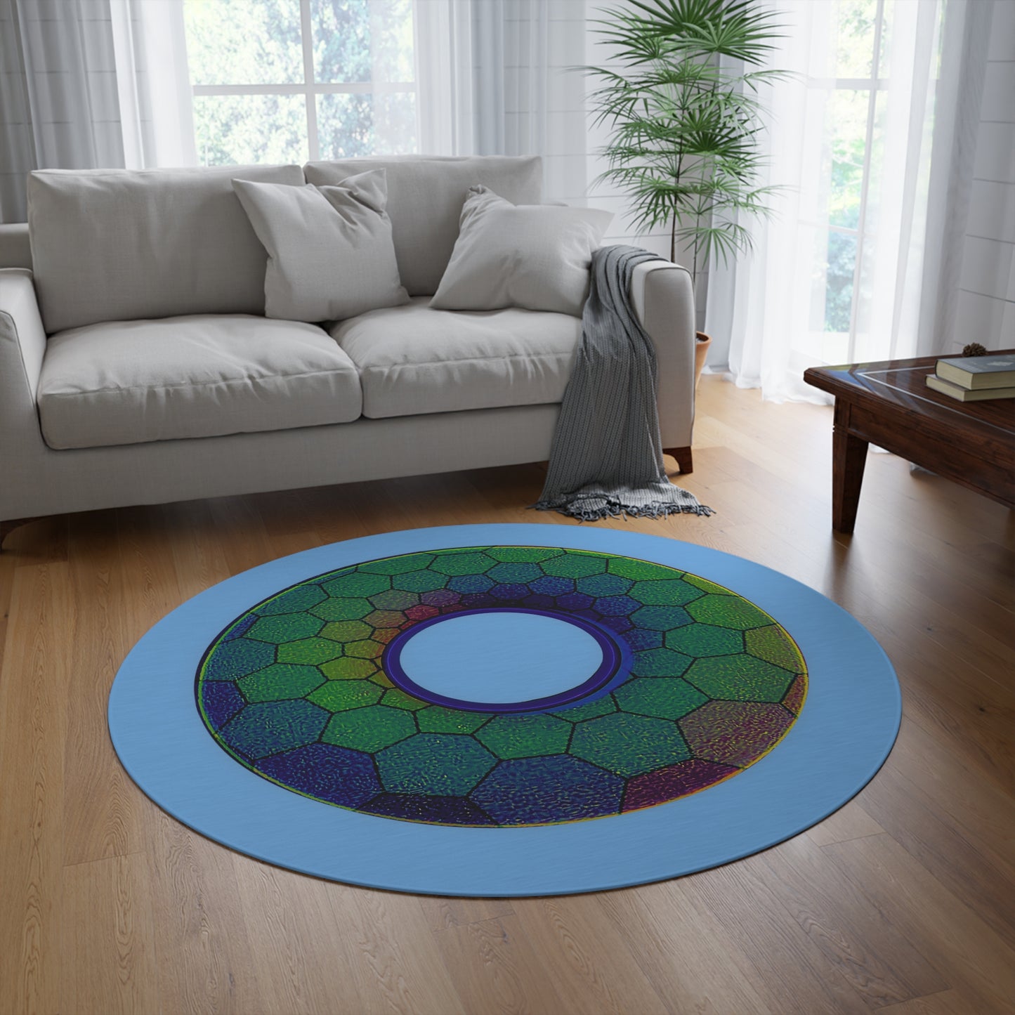 Round Room - 5 ft x 5 ft Lumpy Donut Rug - "Plain Hexadonut" - green hexadonut w/light blue background - variant 3