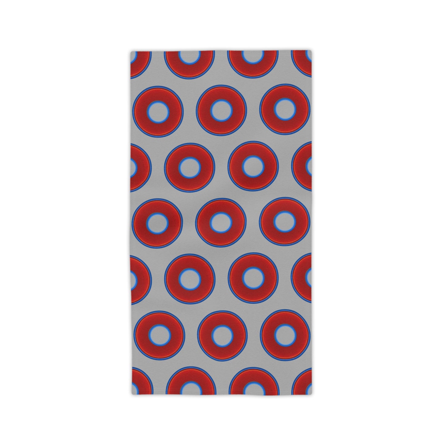 Lumpy Donut Towels - vivid red donuts w/light gray background