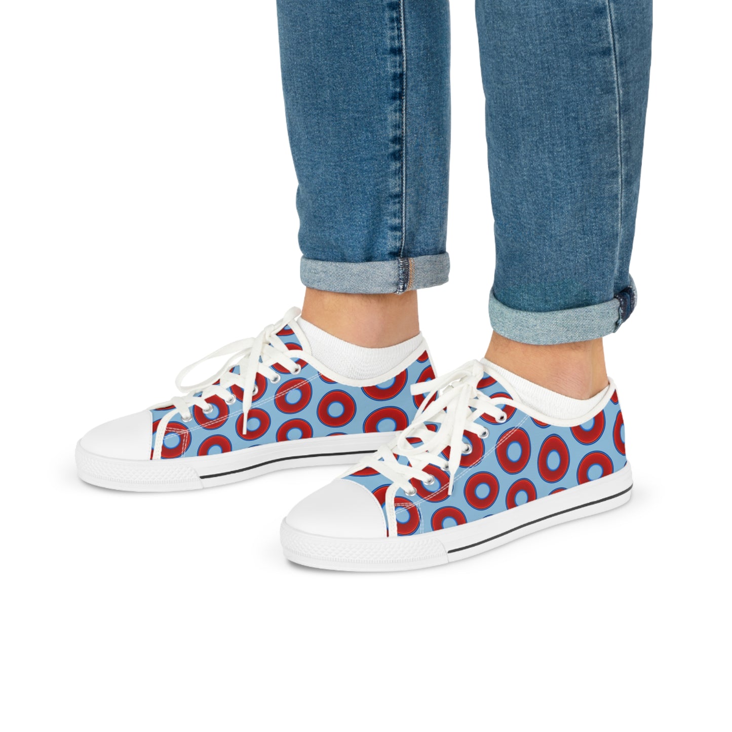 Men's - Low Top Chuck Taylors - large vivid red donut print w/sky blue background