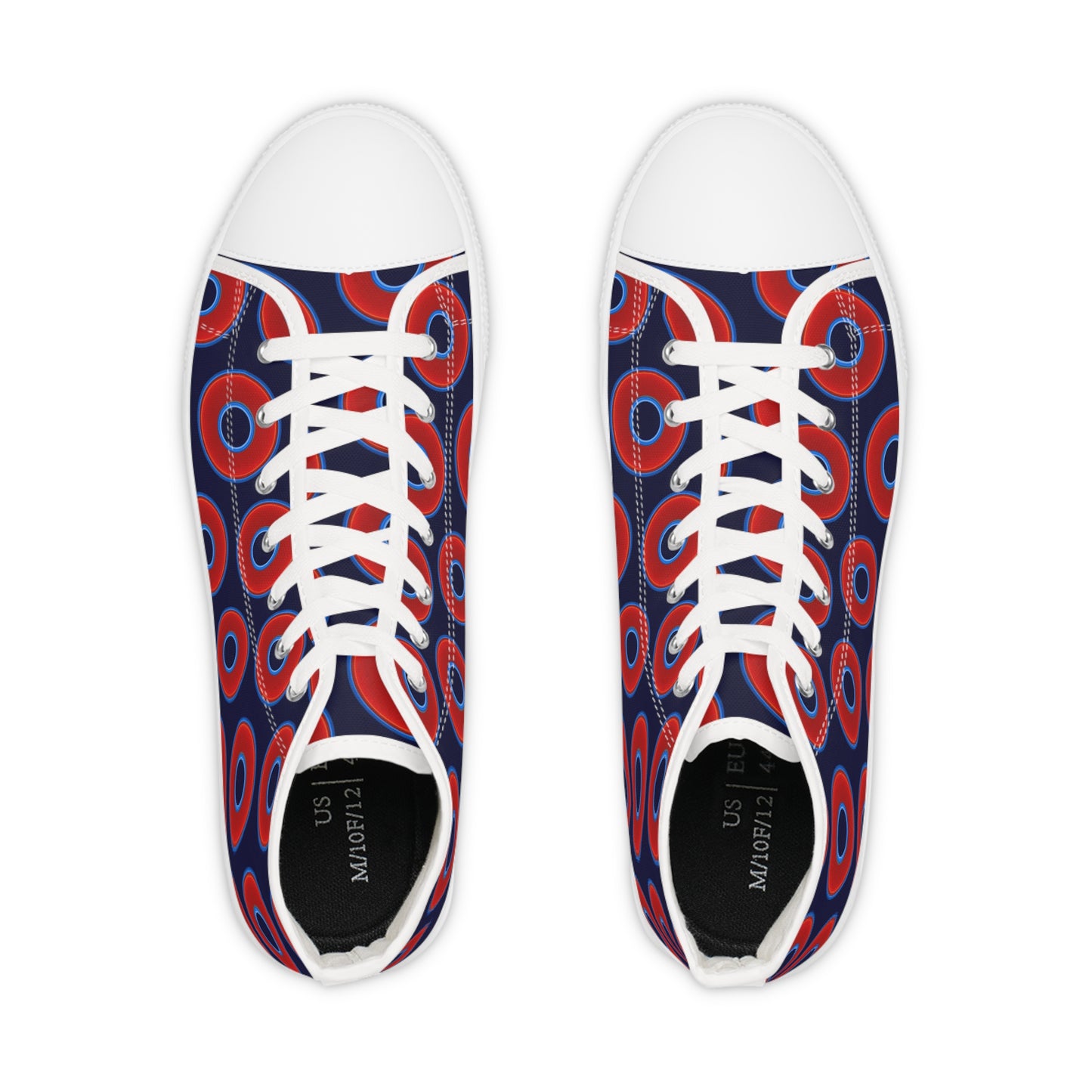 Men's High Top Chucks - large vivid red donut print w/midnight blue background