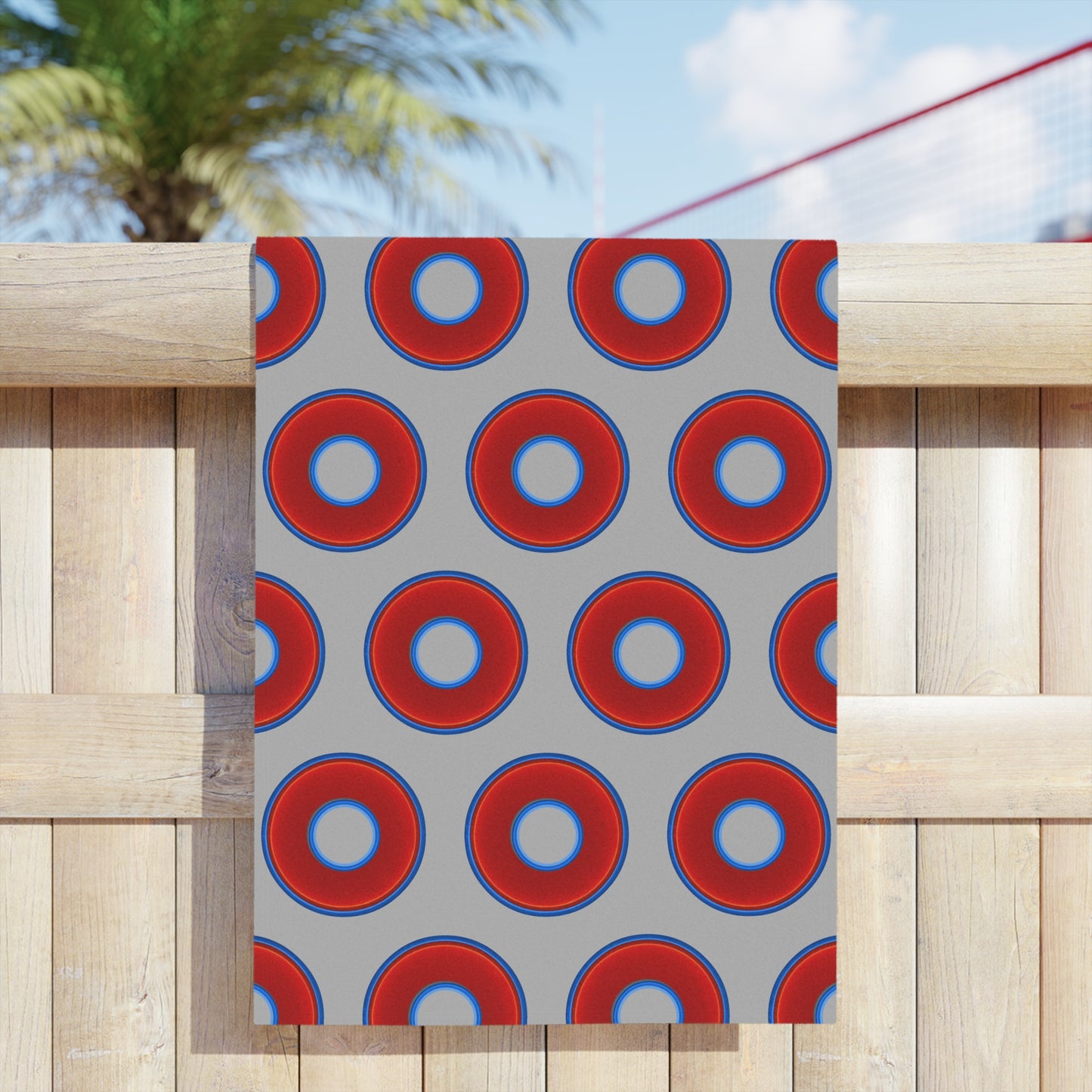 Lumpy Donut Towels - vivid red donuts w/light gray background