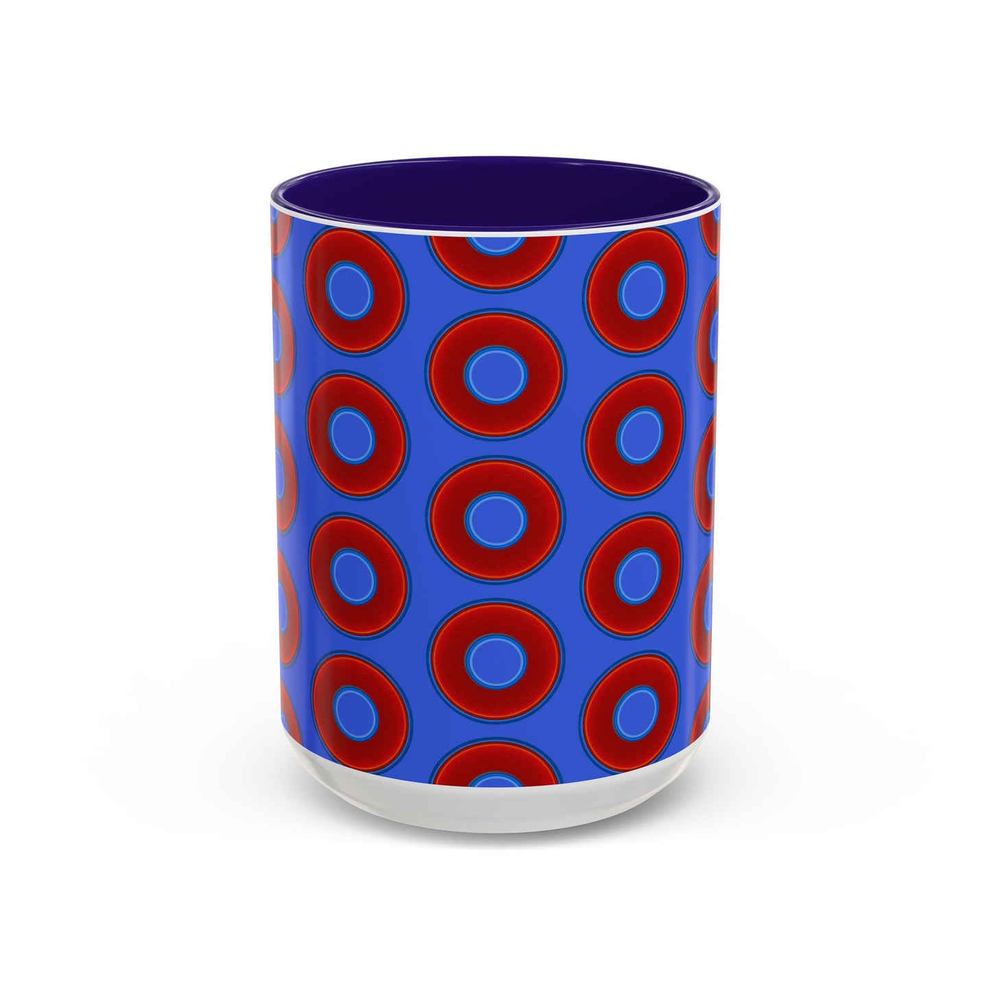 Lump's Grumpy Coffee Mug - vivid red donuts w/royal blue background