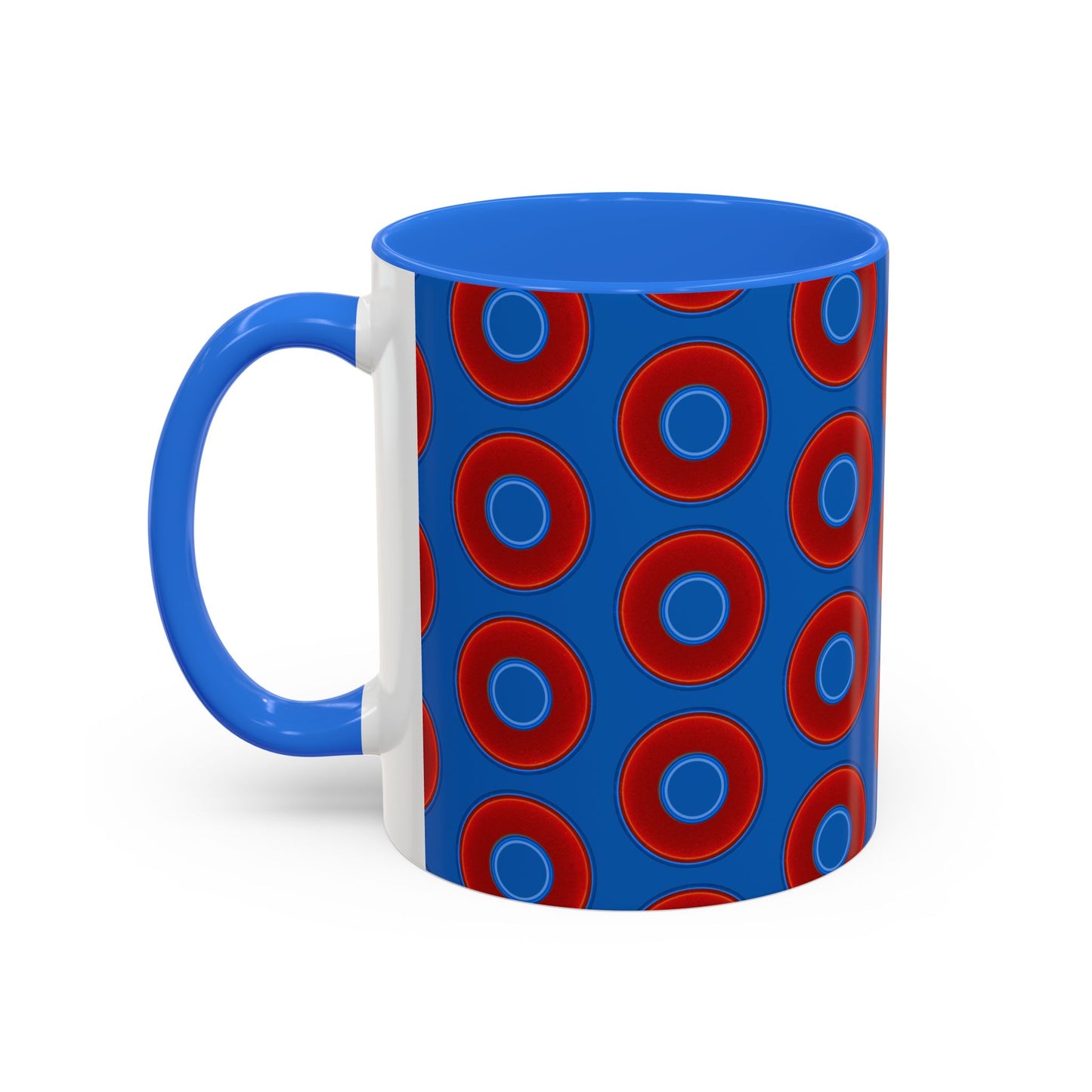 Lump's Grumpy Coffee Mug - vivid red donuts w/dark royal blue background