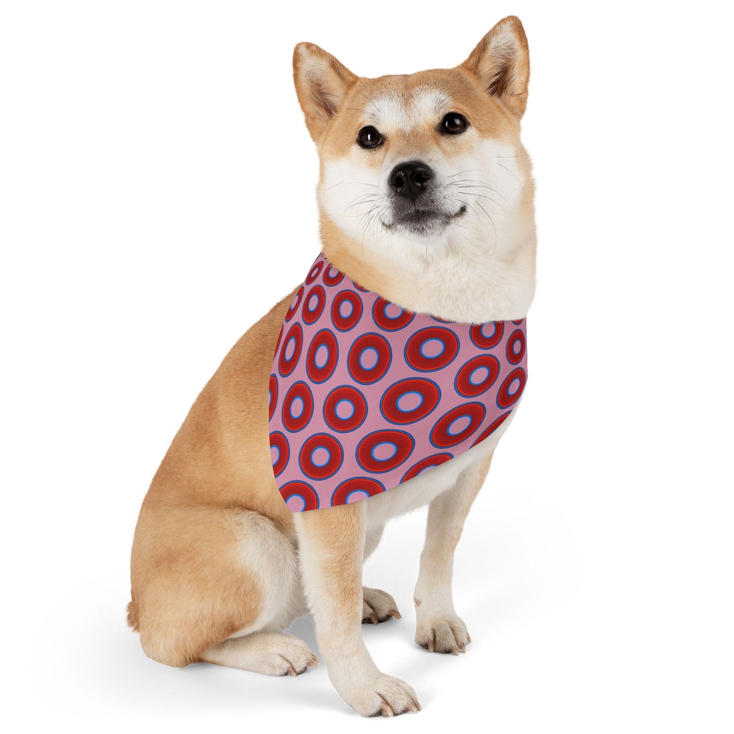 Jim's Lumpy Bandana Pet Collar - vivid red donuts w/pale magenta background