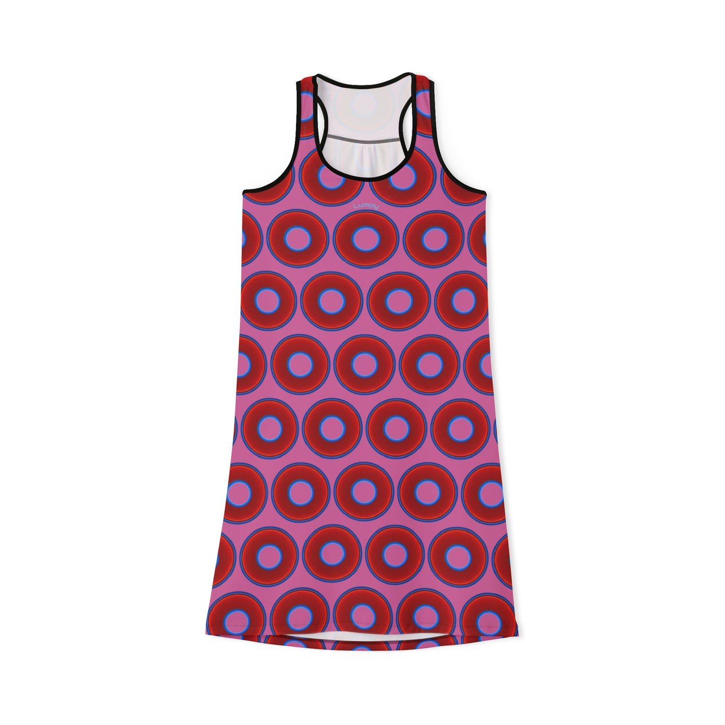 Tela's Lumpy Racerback Donut Dress - red vivid donut print w/pink background