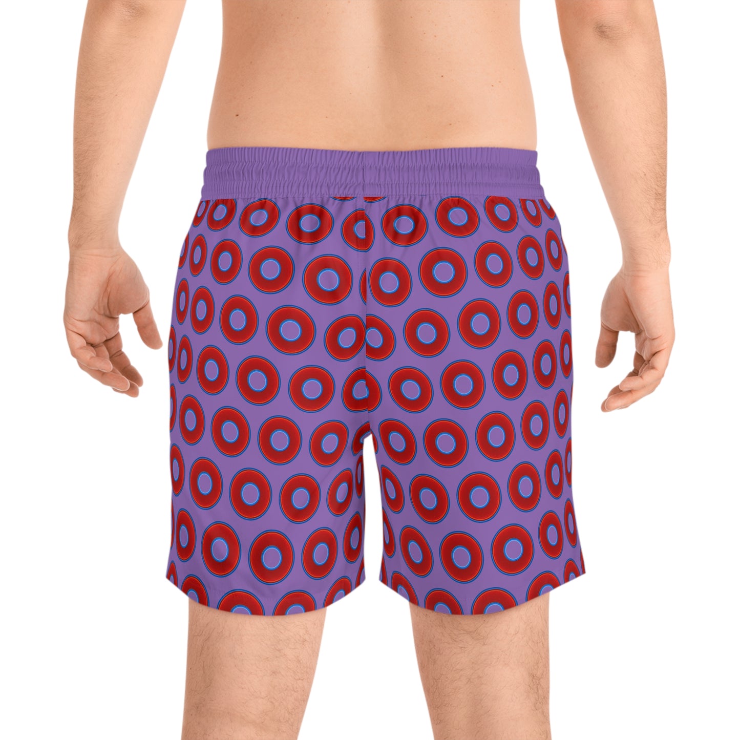 Men's Lumpy Swim Trunks - vivid red donut print w/light purple background