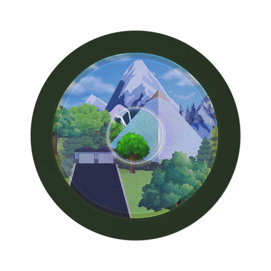 Round Room - 5 ft x 5 ft Lumpy Donut Rug - "Mansions of South Park Donut Rug" - green/blue pic donut w/deep forest green background - variant 2