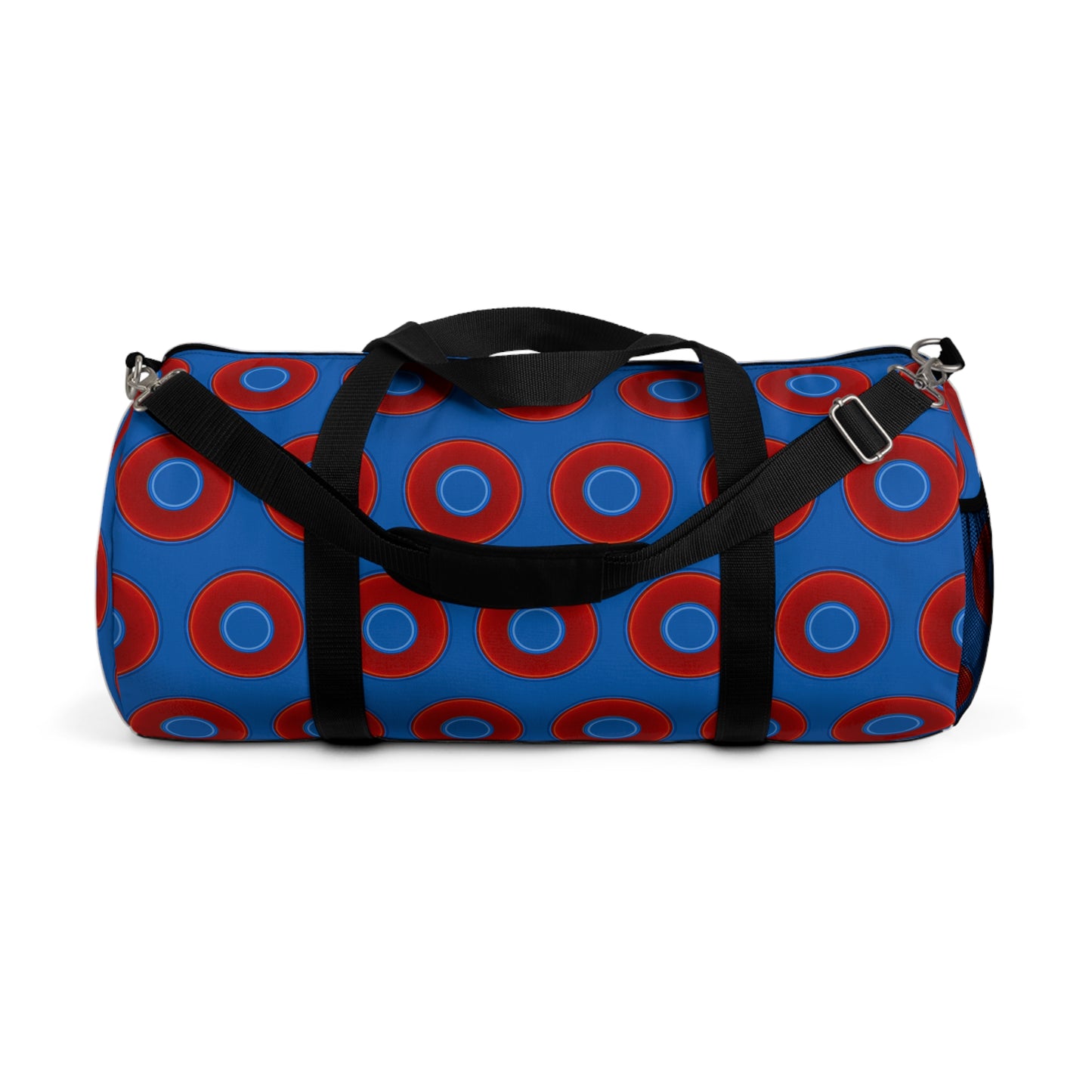 Lumpy Duffel - vivid red donuts w/dark royal blue background