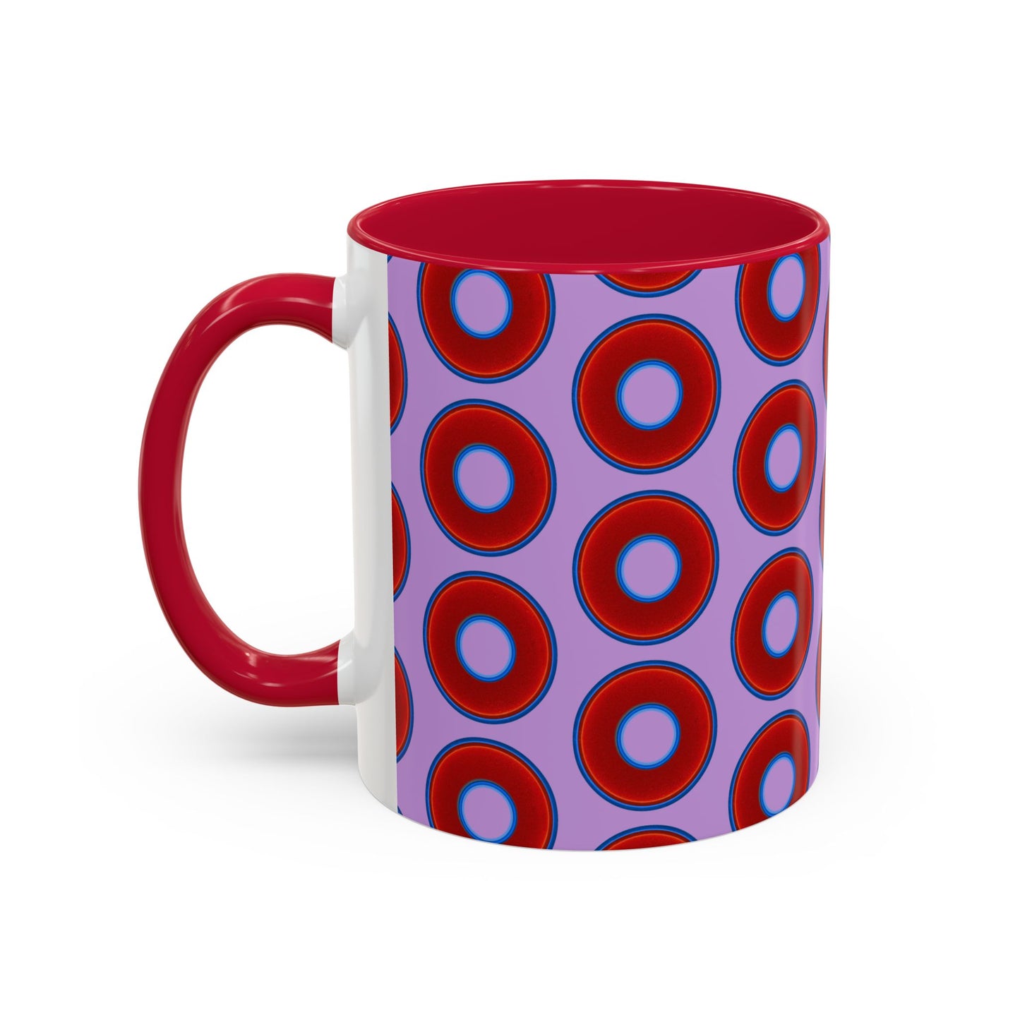 Lump's Grumpy Coffee Mug - vivid red donuts w/wisteria purple background
