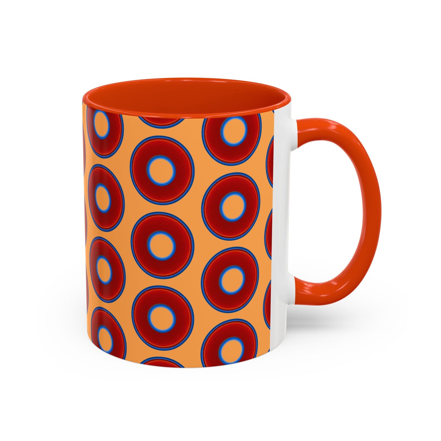 Lump's Grumpy Coffee Mug - vivid red donuts w/creamsicle orange background