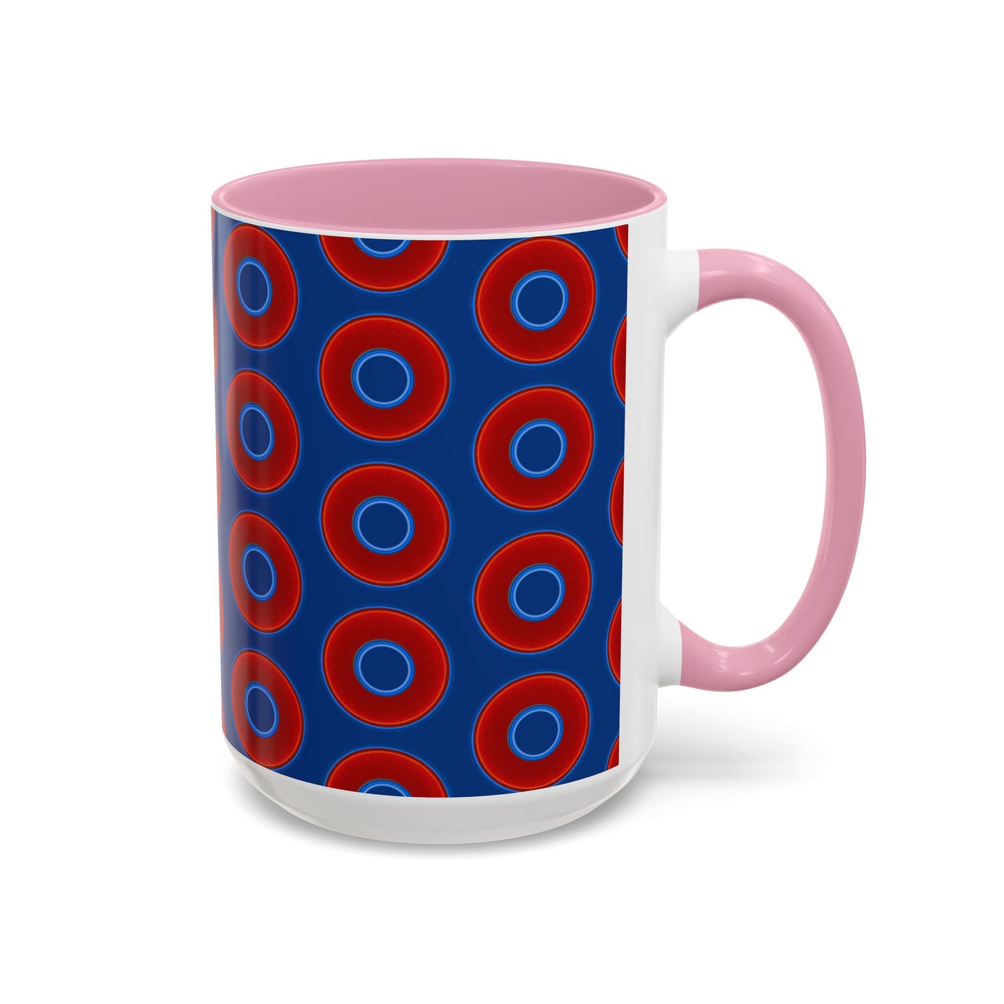 Lump's Grumpy Coffee Mug - vivid red donuts w/dark blue background