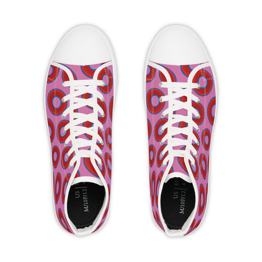 Men's High Top Chucks - large vivid red donut print w/pink background