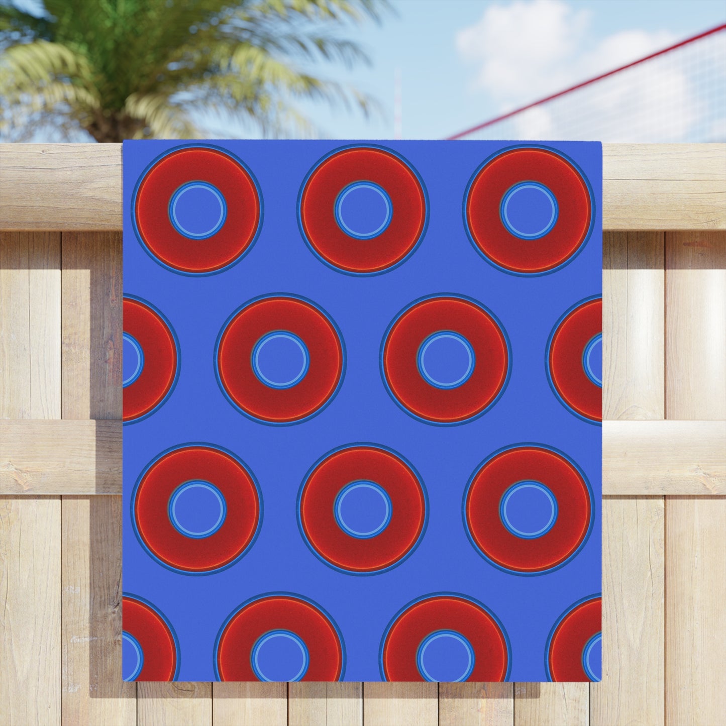 Lumpy Donut Towels - vivid red donuts w/royal blue background