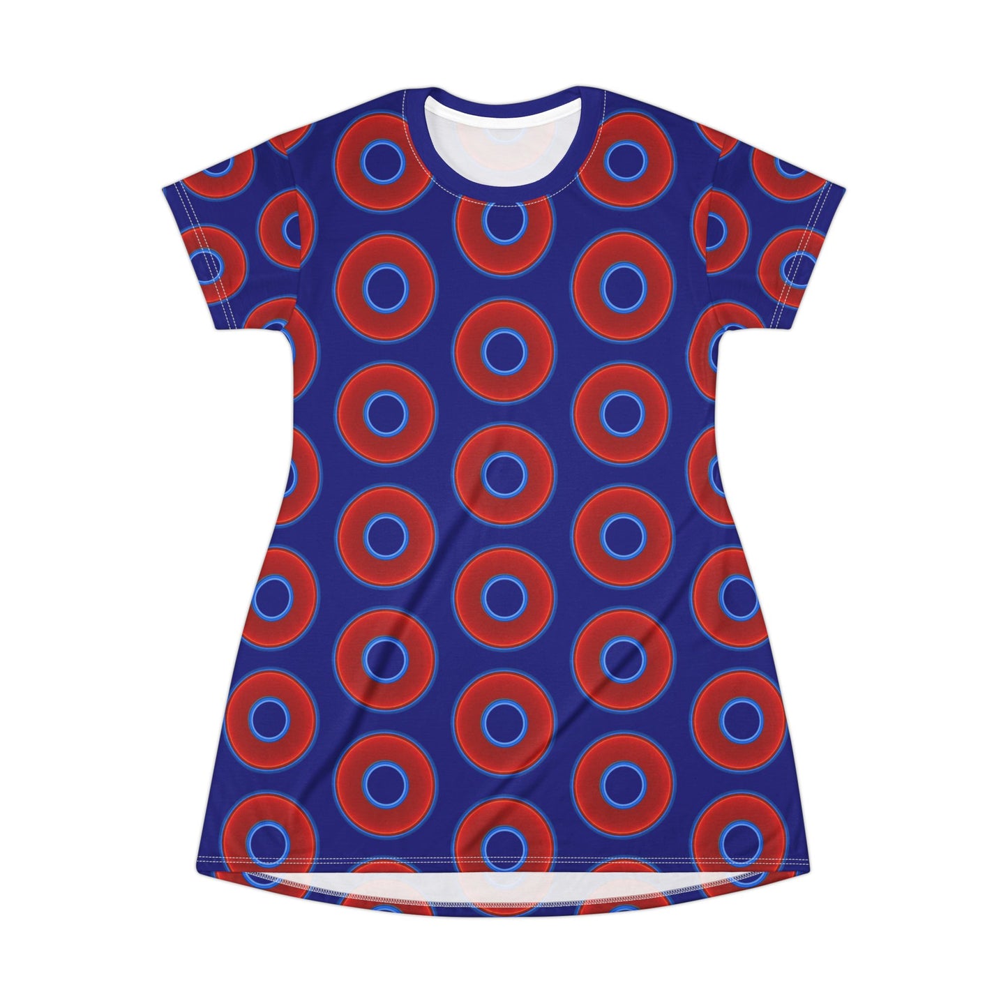 Not a Muumuu AOP Tee Shirt Dress - red vivid donuts w/vivid navy blue background