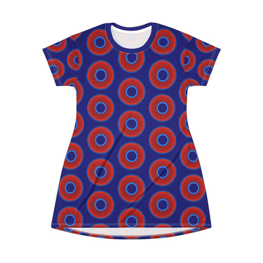 Not a Muumuu AOP Tee Shirt Dress - red vivid donuts w/vivid navy blue background