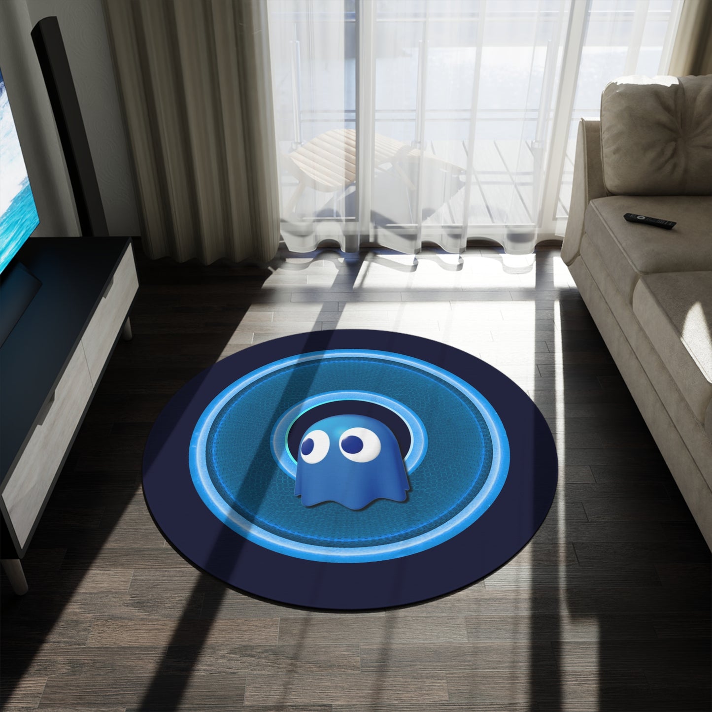 Round Room - 5 ft x 5 ft Lumpy Donut Rug - "The Story of the Ghostly Donut Rug" - rustic blue/light blue donut w/dark navy background - variant 2