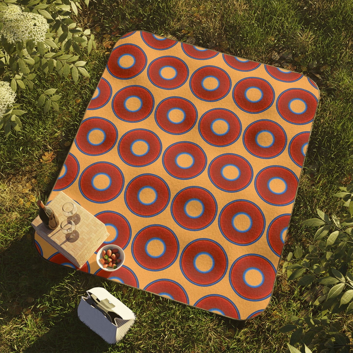 The Lumpy Party Blanket - giant water-resistant outdoor blanket [61" x 51"] - vivid red donuts w/creamsicle orange background