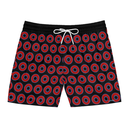 Men's Lumpy Swim Trunks - vivid red donut print w/black background