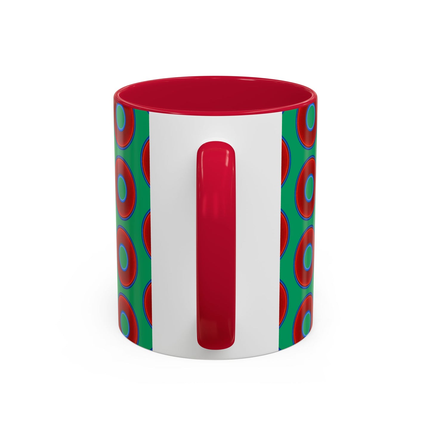Lump's Grumpy Coffee Mug - vivid red donuts w/jade green background