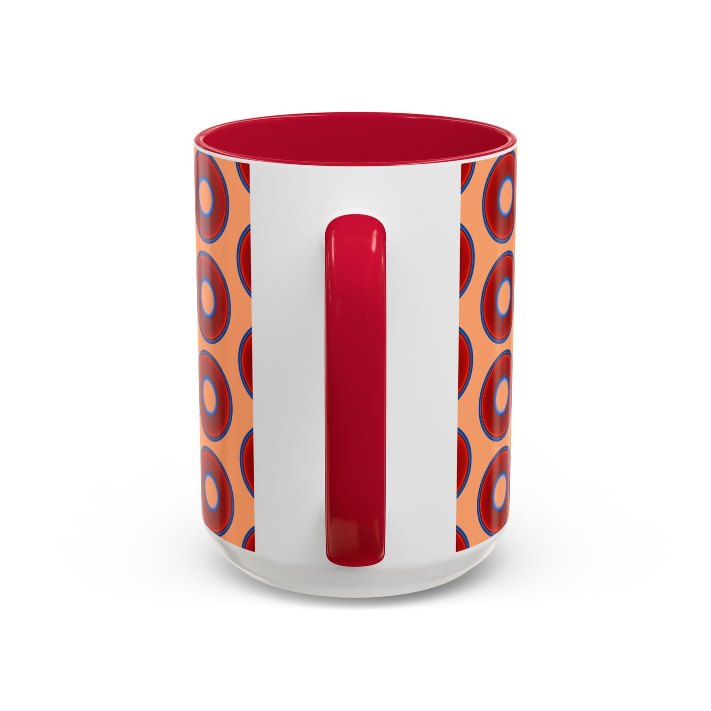 Lump's Grumpy Coffee Mug - vivid red donuts w/peach background