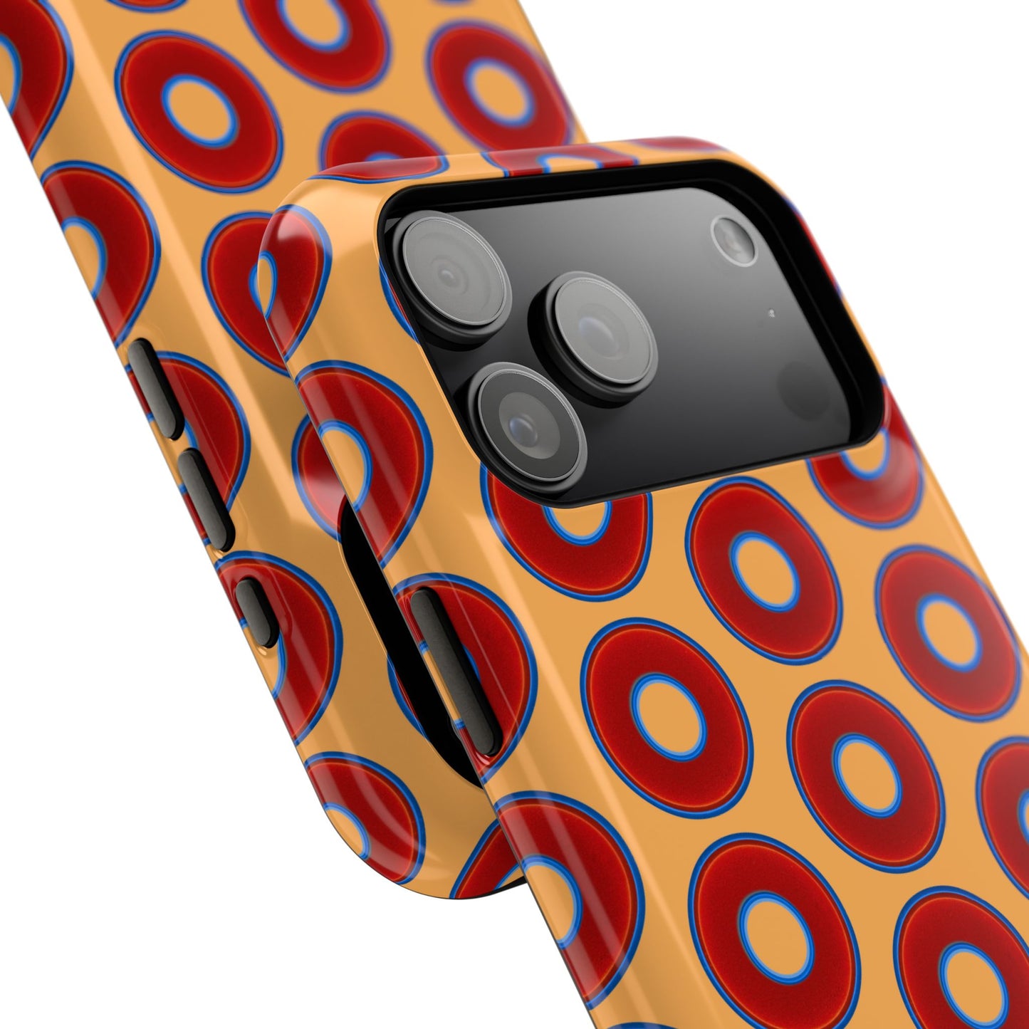 Impact-Resistant Lumpy Donut Case - red vivid donut print w/creamsicle orange background