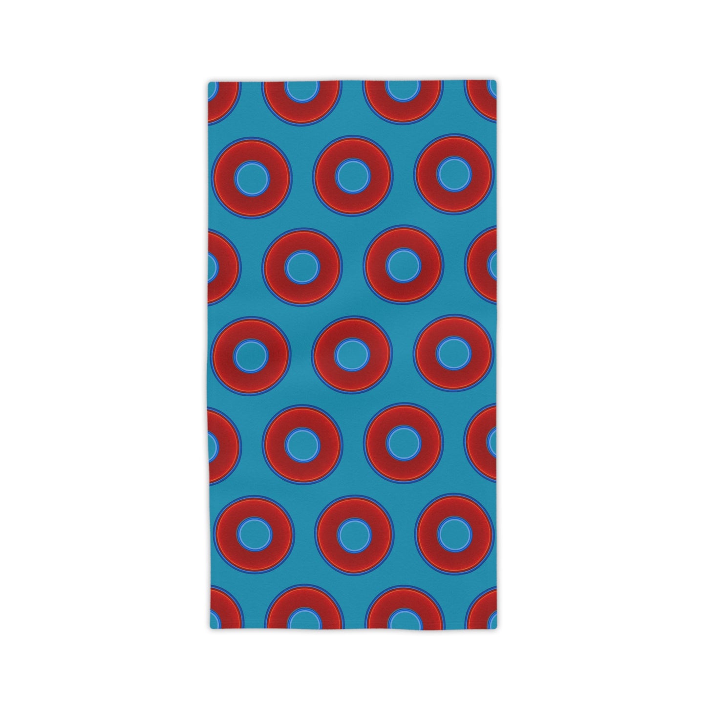 Lumpy Donut Towels - vivid red donuts w/aquamarine blue background