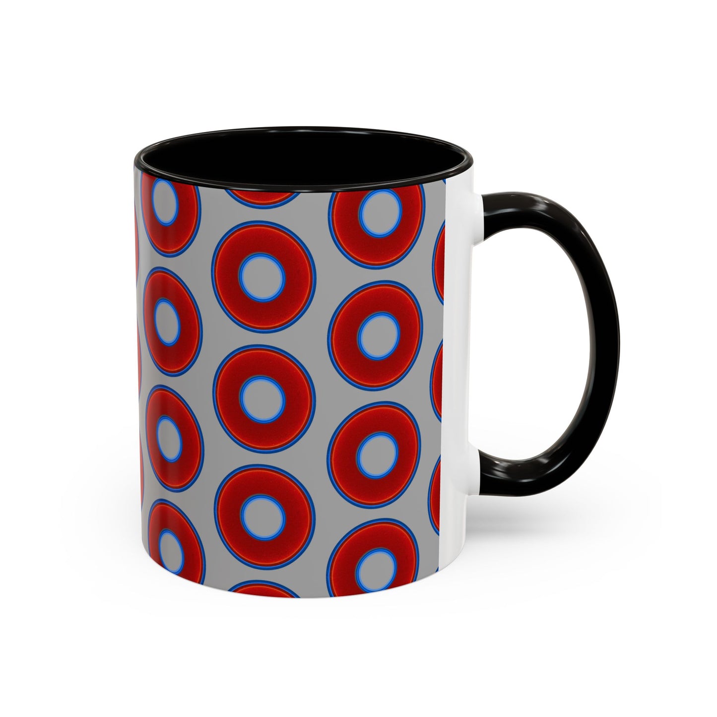 Lump's Grumpy Coffee Mug - vivid red donuts w/light gray background