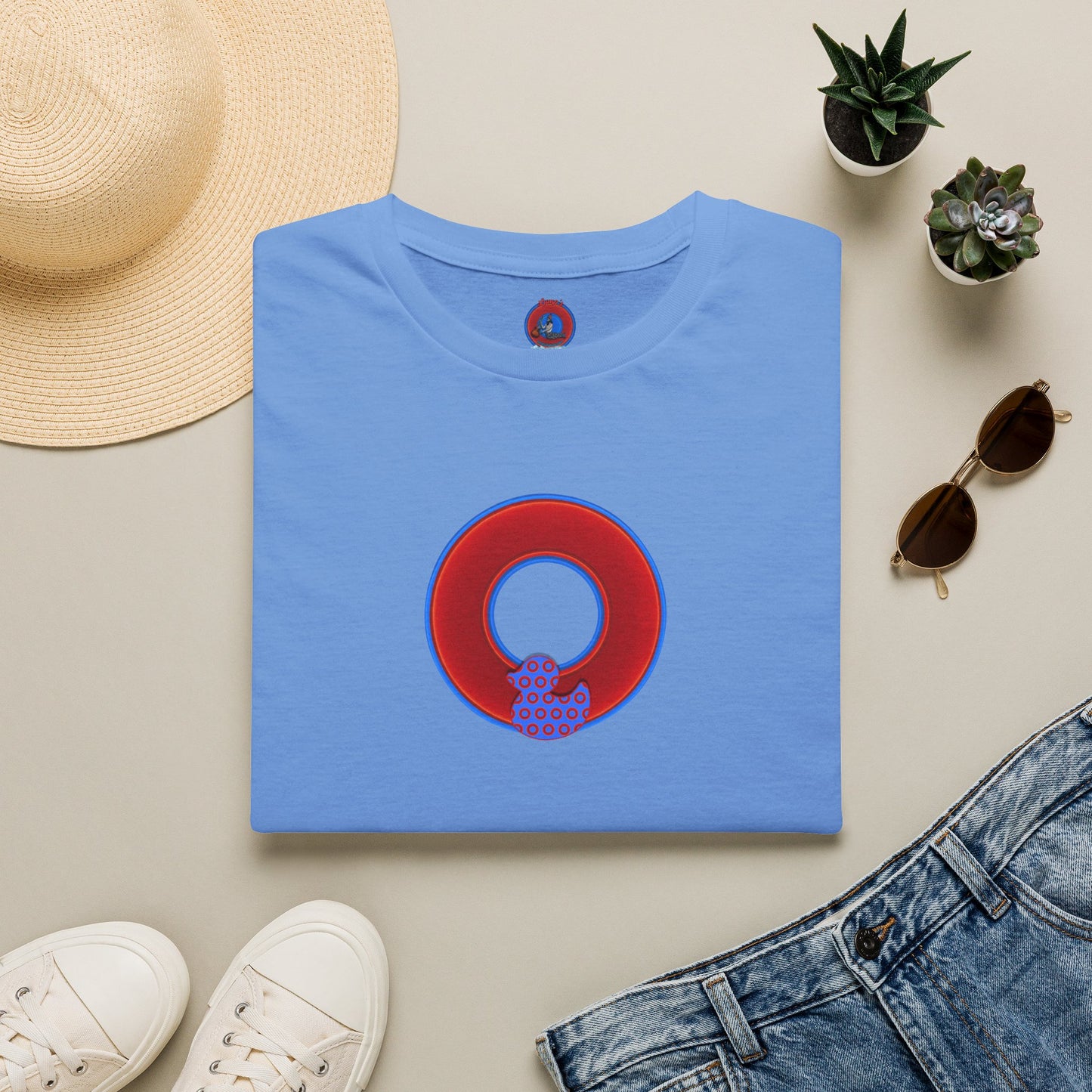 Classic Donut Tee - Unisex Soft-Style - "Rubber Ducky Bath Time Donut" - vivid red/blue donut - variant 1