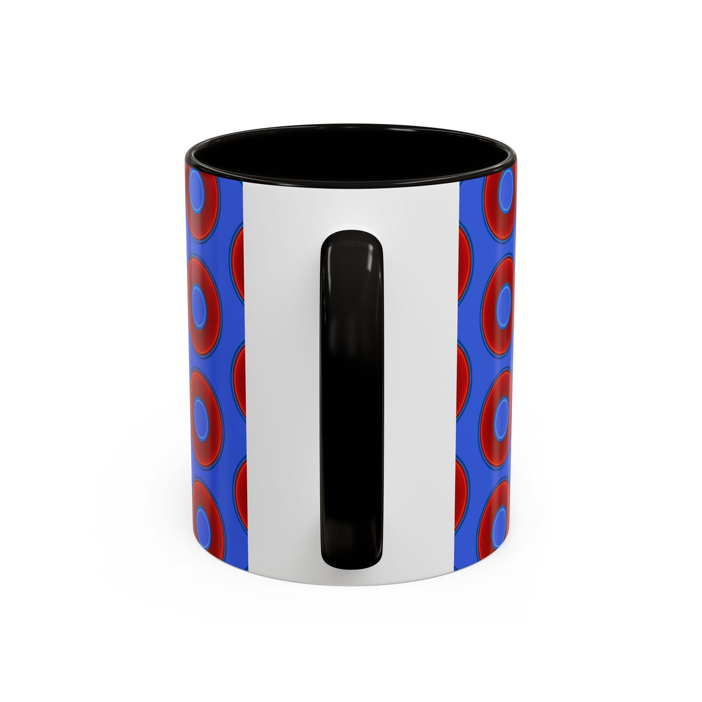 Lump's Grumpy Coffee Mug - vivid red donuts w/royal blue background