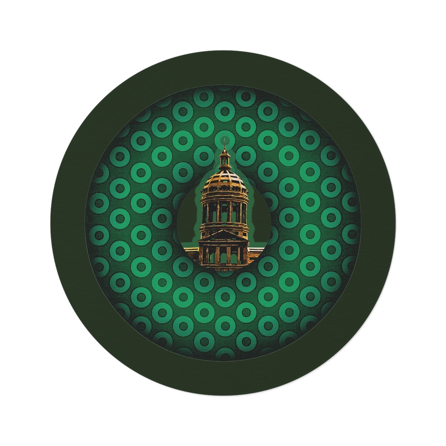 Round Room - 5 ft x 5 ft Lumpy Donut Rug - "Save Mondegreen City Hall Donut Rug" - paradoxical green/light green donut w/midnight moss green background - variant 1