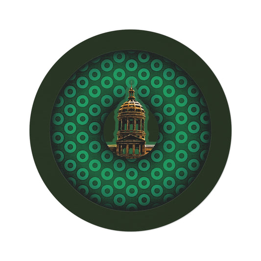 Round Room - 5 ft x 5 ft Lumpy Donut Rug - "Save Mondegreen City Hall Donut Rug" - paradoxical green/light green donut w/midnight moss green background - variant 1