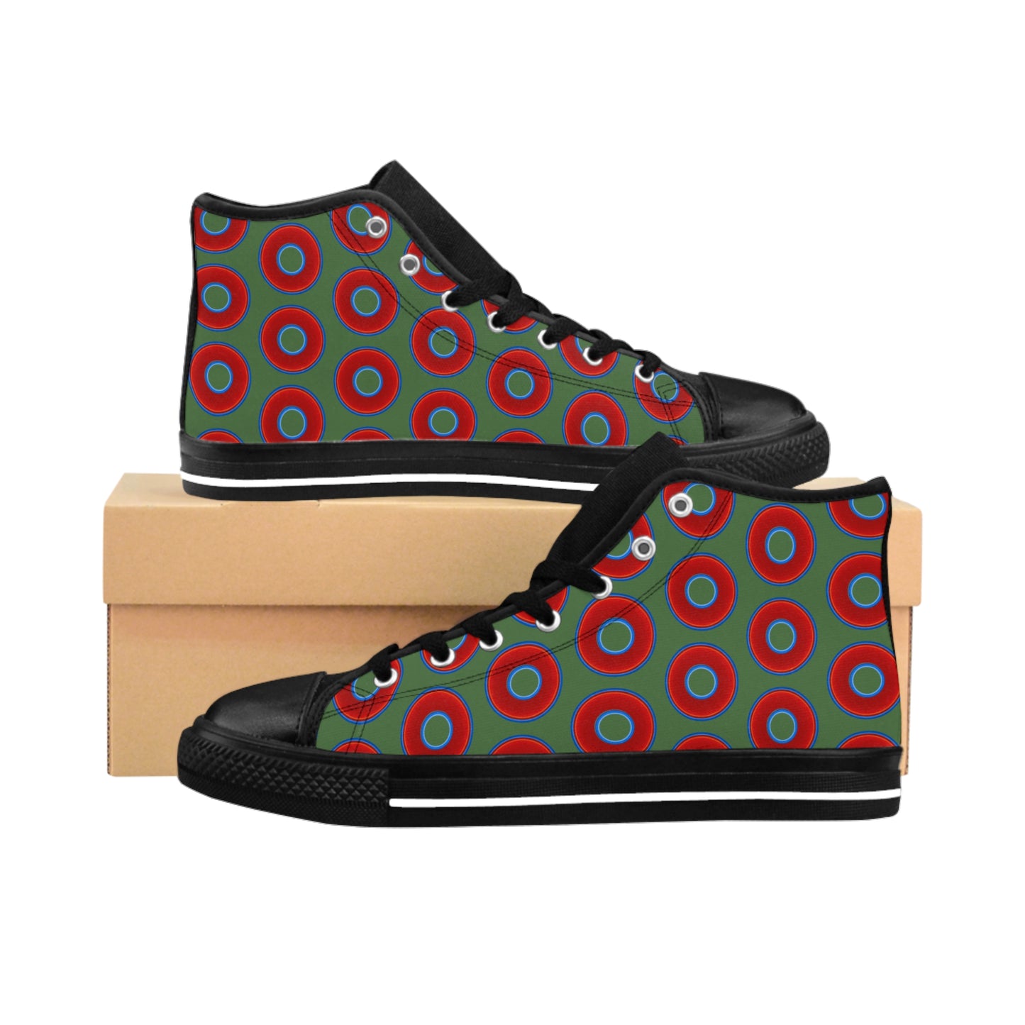 Cushiony Convectors - High Tops - red vivid donuts w/dark green background