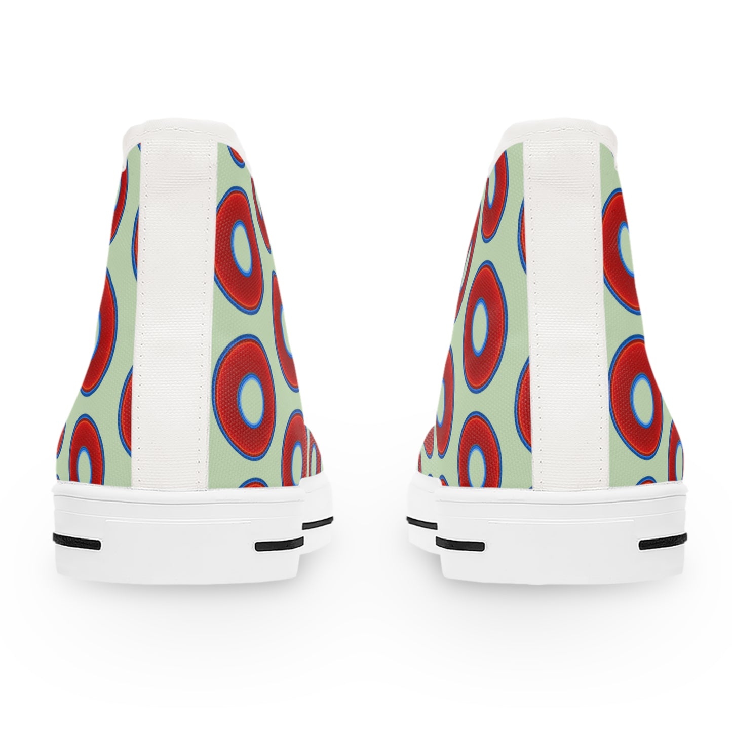 Women's High Top Chuck Taylors - large vivid red donut print w/seafoam background