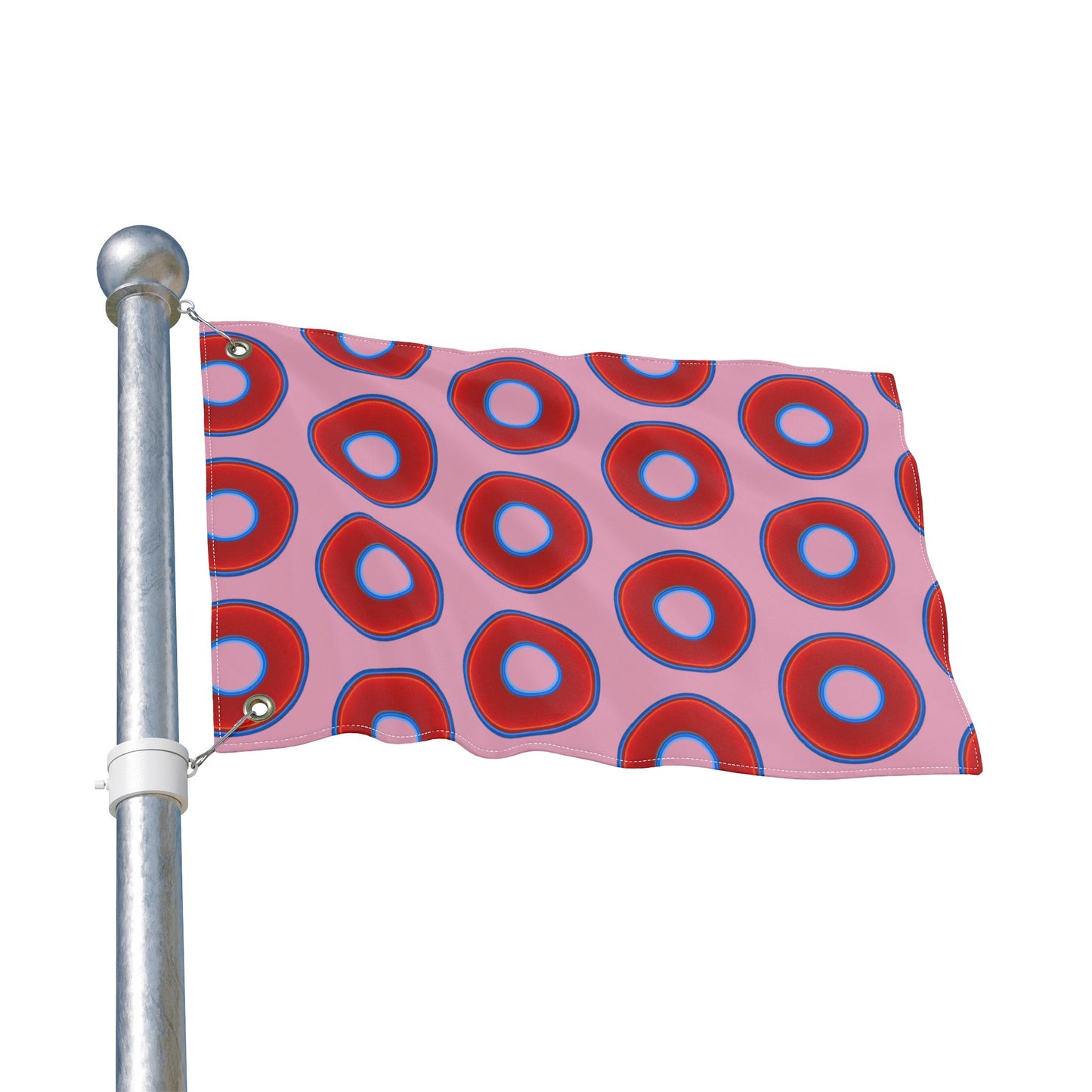 Lumpy Flagpole Sitters - Donut Flags [12" x 18"] - red vivid donut print w/pale magenta background